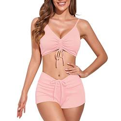 meioro Solider Badeanzug für Damen Bikini-Shorts zum Binden vorne Zweiteilige Badebekleidung Sportliche Badeanzüge Badeanzug mit hoher Taille(Hell-Pink,S) von meioro