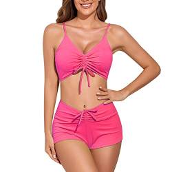 meioro Solider Badeanzug für Damen Bikini-Shorts zum Binden vorne Zweiteilige Badebekleidung Sportliche Badeanzüge Badeanzug mit hoher Taille(Leuchtend rosa,M) von meioro