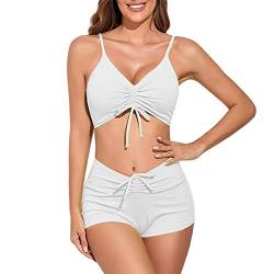 meioro Solider Badeanzug für Damen Bikini-Shorts zum Binden vorne Zweiteilige Badebekleidung Sportliche Badeanzüge Badeanzug mit hoher Taille(Weiß,XXL) von meioro