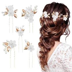 5 Stück Braut Haarschmuck, Blumen Perlen Brautschmuck Haare, Hochzeit Haarspangen für Mädchen, Damen(Gold) von melebellot