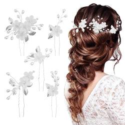 5 Stück Braut Haarschmuck, Blumen Perlen Brautschmuck Haare, Hochzeit Haarspangen für Mädchen, Damen(Silber) von melebellot