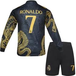 metekoc R. Madrid Ronaldo #7 Kinder Trikot Fußball Spezielle Golddrachen-Edition, Langarmtrikot und Shorts, Jugendgrößen (Schwarz,24) von metekoc