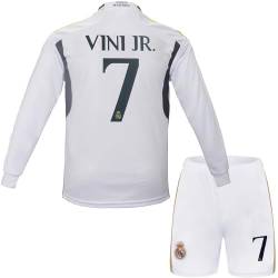 metekoc R. Madrid Vini Jr. #7 Vinicius Heim Fußball Langarm Trikot und Shorts Kinder Jungengrößen (Weiß, 22 (4-5 Jahre)) von metekoc