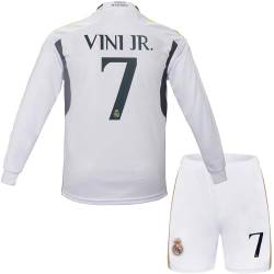 metekoc R. Madrid Vini Jr. #7 Vinicius Heim Fußball Langarm Trikot und Shorts Kinder Jungengrößen (Weiß, 28 (10-11 Jahre)) von metekoc