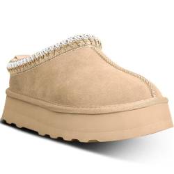 metricfalcon Damen Plateau Mini Stiefel Hausschuhe für Frauen Indoor Hausschuhe Slip on Pelz Fleece Gefüttert Wildleder Kurze Stiefeletten, Beige, 37 EU von metricfalcon