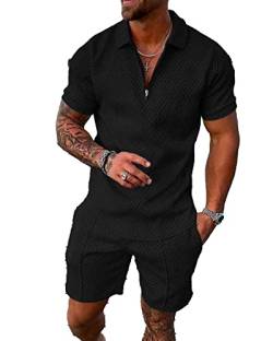 Herren Kurze Sets Outfits 2 Stück Sommer Trainingsanzug Kurzarm Poloshirt und Shorts Set Casual S, Figur 32, Large von meyyoi