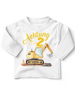 miKalino Baby/Kinder Longsleeve mit Spruch Achtung ich Bin Zwei 2 Bagger Schaufelbagger Langarm Shirt für Jungen und Mädchen | Geschenkidee, Farbe:Weiss, Grösse:92-98 von miKalino