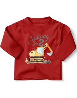 miKalino Baby/Kinder Longsleeve mit Spruch Achtung ich Bin Zwei - Bagger Langarm Shirt für Jungen und Mädchen | Geschenkidee, Farbe:rot, Grösse:92-98 von miKalino