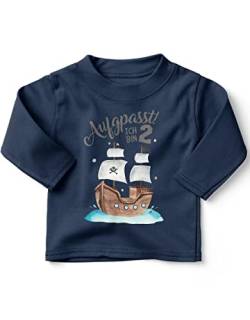 miKalino Baby/Kinder Longsleeve mit Spruch Aufgepasst ! Ich Bin 2 - Pirat Langarm Shirt für Jungen und Mädchen | Geschenkidee, Farbe:Navy, Grösse:92-98 von miKalino