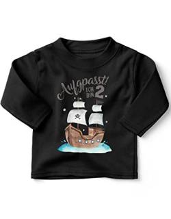 miKalino Baby/Kinder Longsleeve mit Spruch Aufgepasst ! Ich Bin 2 - Pirat Langarm Shirt für Jungen und Mädchen | Geschenkidee, Farbe:schwarz, Grösse:80-86 von miKalino