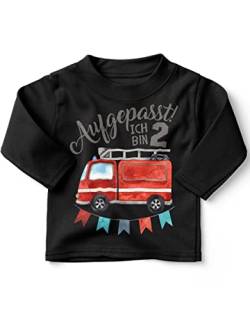 miKalino Baby/Kinder Longsleeve mit Spruch Aufgepasst ich Bin Zwei 2 Feuerwehrauto Langarm Shirt für Jungen und Mädchen | Geschenkidee, Farbe:schwarz, Grösse:92-98 von miKalino