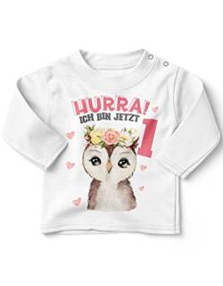 miKalino Baby/Kinder Longsleeve mit Spruch Hurra ich Bin Eins 1 Süßes Motiv zum ersten Geburtstag mit Einer Eule Langarm Shirt für Mädchen | Geschenkidee, Farbe:Weiss, Grösse:80-86 von miKalino