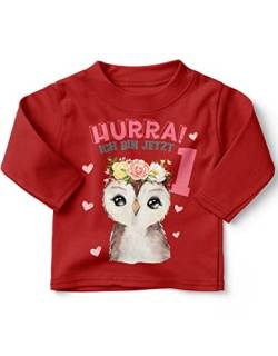 miKalino Baby/Kinder Longsleeve mit Spruch Hurra ich Bin Eins 1 Süßes Motiv zum ersten Geburtstag mit Einer Eule Langarm Shirt für Mädchen | Geschenkidee, Farbe:rot, Grösse:80-86 von miKalino