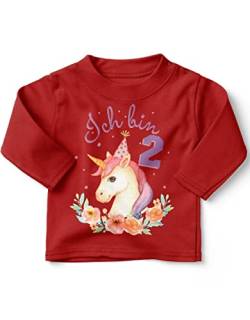 miKalino Baby/Kinder Longsleeve mit Spruch Ich Bin Zwei 2 Niedliches Einhorn mit Geburtstagshut zum zweiten Geburtstag Langarm Shirt für Mädchen | Geschenkidee, Farbe:rot, Grösse:92-98 von miKalino