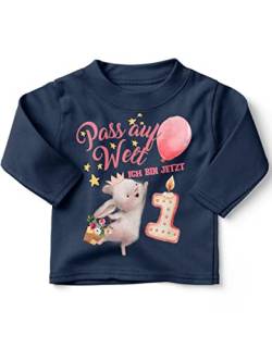 miKalino Baby/Kinder Longsleeve mit Spruch Pass auf Welt Ich Bin jetzt Eins 1 Hase mit Herzluftballon Langarm Shirt für Mädchen | Geschenkidee, Farbe:Navy, Grösse:80-86 von miKalino