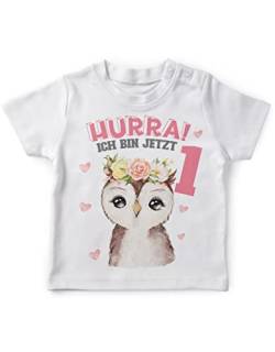 miKalino Baby/Kinder T-Shirt mit Spruch Hurra ich Bin Eins 1 Süßes Motiv zum ersten Geburtstag mit Einer Eule Kurzarm Shirt für Mädchen | Geschenkidee, Farbe:Weiss, Grösse:80-86 von miKalino