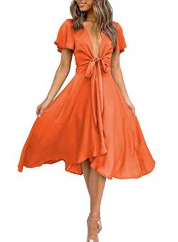 miduo Damen-Maxikleid aus Satin, V-Ausschnitt, Rüschen, kurzärmelig, zum Binden vorne, hohe Taille, A-Linie, A Orange, Klein von miduo