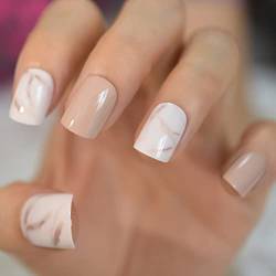 HJKOGH 24 Stück Künstliche Nägel Khaki Nude Marmormuster Künstlicher Druck auf falsche Nagelspitzen for Office Home Ongle Free Glue Sticker (Color : B) von mifdojz