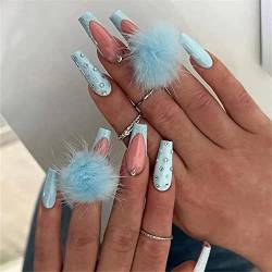 HJKOGH Herbst-Winter-neue künstliche Nägel Drücken Sie auf den Nägeln Süßer blauer Haarballen Lange Ballerina Falsche Nägel mit Designs French Coffin Nail Tips von mifdojz