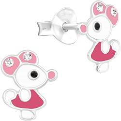 miimago Kinderohrringe Silber 925 Mädchen Ohrstecker - Maus mit Glitzer-Kristallen - Kinder Ohrringe Mäuschen - rosa weiß von miimago