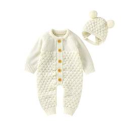 mimixiong Neugeborenes Baby Strampler Strickpullover Jumpsuit Mädchen Jungen Langarm Outfits mit Warmer Mütze (6-12 Monate, Elfenbein) von mimixiong