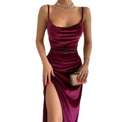mingxinshangdian Mode Sexy Elegant Rüschiges Samt Slip Kleid Damen Ärmelloses V-Ausschnitt Einfarbig Skinny Schlitz Minikleid Abendkleid - Rot, S von mingxinshangdian