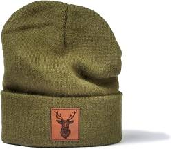 minifan Outdoor Strickmütze: Hirsch Leder Emblem - Mütze für Jäger Jagd Jäger-Mütze Wintermütze Beanie Mütze Damen & Herren Förster Outdoor Mütze Männer Geschenk (Olive) von minifan