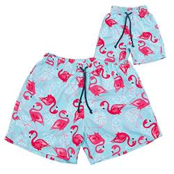 miniloo Badeshorts Partnerlook Papa und Sohn 122-128 Flamingo türkis - Hochwertiges Set Badehose Vater Sohn 5-7 Jahre - Badeshorts für Vater und Sohn - Shorts mit Mesh Futter von miniloo