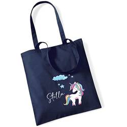 Jutebeutel Einhorn mit eigenem Namen bedruckt | große Stofftasche Baumwolle Unicorn Wolke Sterne | Personalisierter Kitabeutel Mädchen(dunkelblau) von minimutz