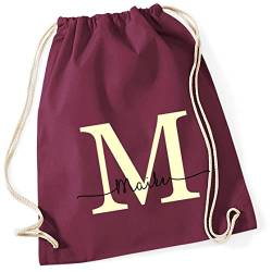 Personalisierter Turnbeutel mit Buchstabe und Name | Motiv Monogramm Initiale | Bedruckter Stoffbeutel Kordel-Rucksack zum Zuziehen | Geschenk-Idee Schulanfänger Geburtstag (burgund) von minimutz