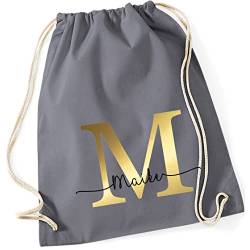 Personalisierter Turnbeutel mit Buchstabe und Name | Motiv Monogramm Initiale | Bedruckter Stoffbeutel Kordel-Rucksack zum Zuziehen | Geschenk-Idee Schulanfänger Geburtstag (grau) von minimutz