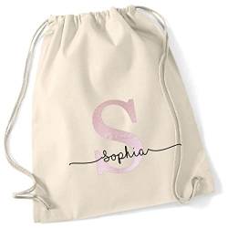 Personalisierter Turnbeutel mit Buchstabe und Name | Motiv Monogramm Initiale | Bedruckter Stoffbeutel Kordel-Rucksack zum Zuziehen | Geschenk-Idee Schulanfänger Geburtstag (natur) von minimutz