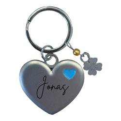 Schlüsselanhänger Herz personalisiert mit Namen|Mit Schlüssel-Ring und Kleeblatt | Geschenk Damen Kinder | Glücksbringer Mädchen Jungen mit Gravur (blaues Herz) von minimutz