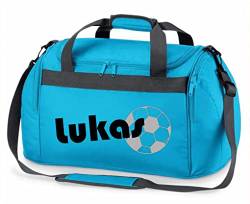 Sporttasche mit Namen | inkl. NAMENSDRUCK | Motiv Fußball | Personalisieren & Bedrucken | Reisetasche Jungen Ball Sport-Verein | blau schwarz (türkis) von minimutz