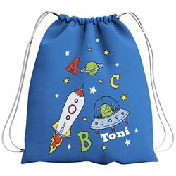 Turnbeutel Jungen mit Namen | Weltraum ABC All Rakete Ufo | Personalisierter Stoffbeutel mit Kordel | Geschenk zur Einschulung für 1. Klasse von minimutz