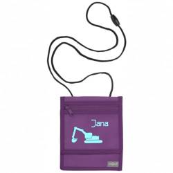 minimutz Brustbeutel Bagger Kinder - Personalisiert mit Name - Geldbeutel zum Umhängen Jungen Mädchen mit Klarsichtfenster für Schülerausweis Buskarte - 13 x 15 cm lila von minimutz