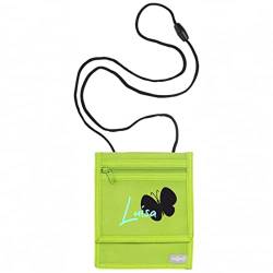 minimutz Brustbeutel zum Umhängen mit Namen | Motiv Schmetterling | Personalisierte Kinder-Geldbörse für Mädchen | Geldbeutel mit Klettverschluss und Umhängeband (grün) von minimutz