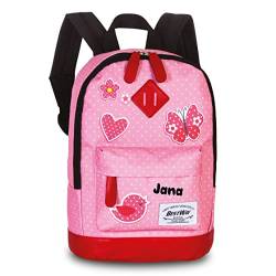 minimutz Kindergarten-Rucksack Mädchen mit Name | Kleiner personalisierter Rucksack Kinder Freizeitrucksack Love gepunktet in rosa mit Schmetterling Herzen Blumen von minimutz