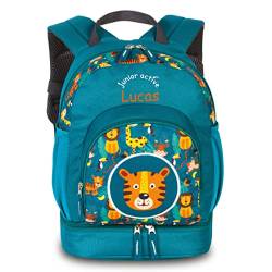 minimutz Kinderrucksack Jungen Mädchen | Personalisiert mit eigenem Namen | Freizeitrucksack Wanderrucksack Kinder | Safari Jungle Tiger in türkis von minimutz