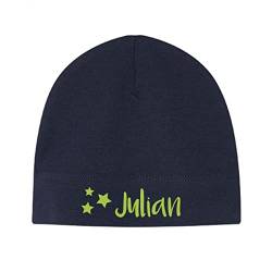 minimutz Kleine Babymütze mit Namen | Personalisierte Mütze Beanie für Baby und Neugeborene | Motiv Sterne Stars (dunkelblau) von minimutz