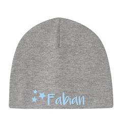 minimutz Kleine Babymütze mit Namen | Personalisierte Mütze Beanie für Baby und Neugeborene | Motiv Sterne Stars (grau) von minimutz