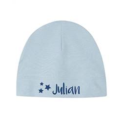 minimutz Kleine Babymütze mit Namen | Personalisierte Mütze Beanie für Baby und Neugeborene | Motiv Sterne Stars (hellblau) von minimutz