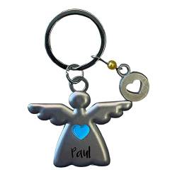 minimutz Schlüsselanhänger Schutzengel mit Name personalisiert | Motiv Engel mit Herz/Stern für Kinder | Glücksbringer für Jungen & Mädchen | inkl. Gravur (Herz Blau) von minimutz