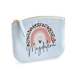 minimutz Schminktasche für Mädchen mit Regenbogen & Name | Motiv Rosa Leo inkl. Namensdruck|Personalisierter Kulturbutel Kosmetiktäschchen Organizer Damen S (14x11 cm) Pastellblau von minimutz