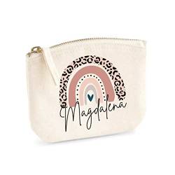 minimutz Schminktasche für Mädchen mit Regenbogen & Name | Motiv Rosa Leo inkl. Namensdruck|Personalisierter Kulturbutel Kosmetiktäschchen Organizer Damen S (14x11 cm) beige von minimutz