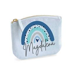 minimutz Schminktasche mit Name für Mädchen | Motiv Regenbogen in blau | kleine Kosmetiktasche für Frauen & Kinder personalisiert | Make-up Täschchen mit Reißverschluss (14 x 11 cm, Pastellblau) von minimutz