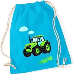 minimutz Turnbeutel Kinder Jungen aus Baumwolle | Motiv Traktor Bulldog mit Wolken & Gras | Schuhbeutel Sportbeutel zum Zuziehen mit Kordel 37cm x 46cm Surfblau Blau von minimutz