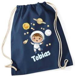 minimutz Turnbeutel Kinder mit Namen personalisiert - Stoffbeutel Rucksack zum Zuziehen - Sportbeutel Astronaut - 12L - 37x46cm (dunkelblau) von minimutz