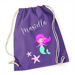 minimutz Turnbeutel Mädchen Meerjungfrau mit Seesternen und Namen bedruckt | personalisierter Stoffbeutel Baumwolle Geschenk Kinder (lila) von minimutz