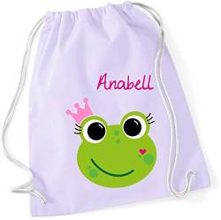 minimutz Turnbeutel mit Namen | inkl. Namensdruck | Motiv Frosch-Königin | Stoffbeutel Zuziehbeutel Rucksack Sportbeutel für Kinder Mädchen Krone (pastelllila) von minimutz